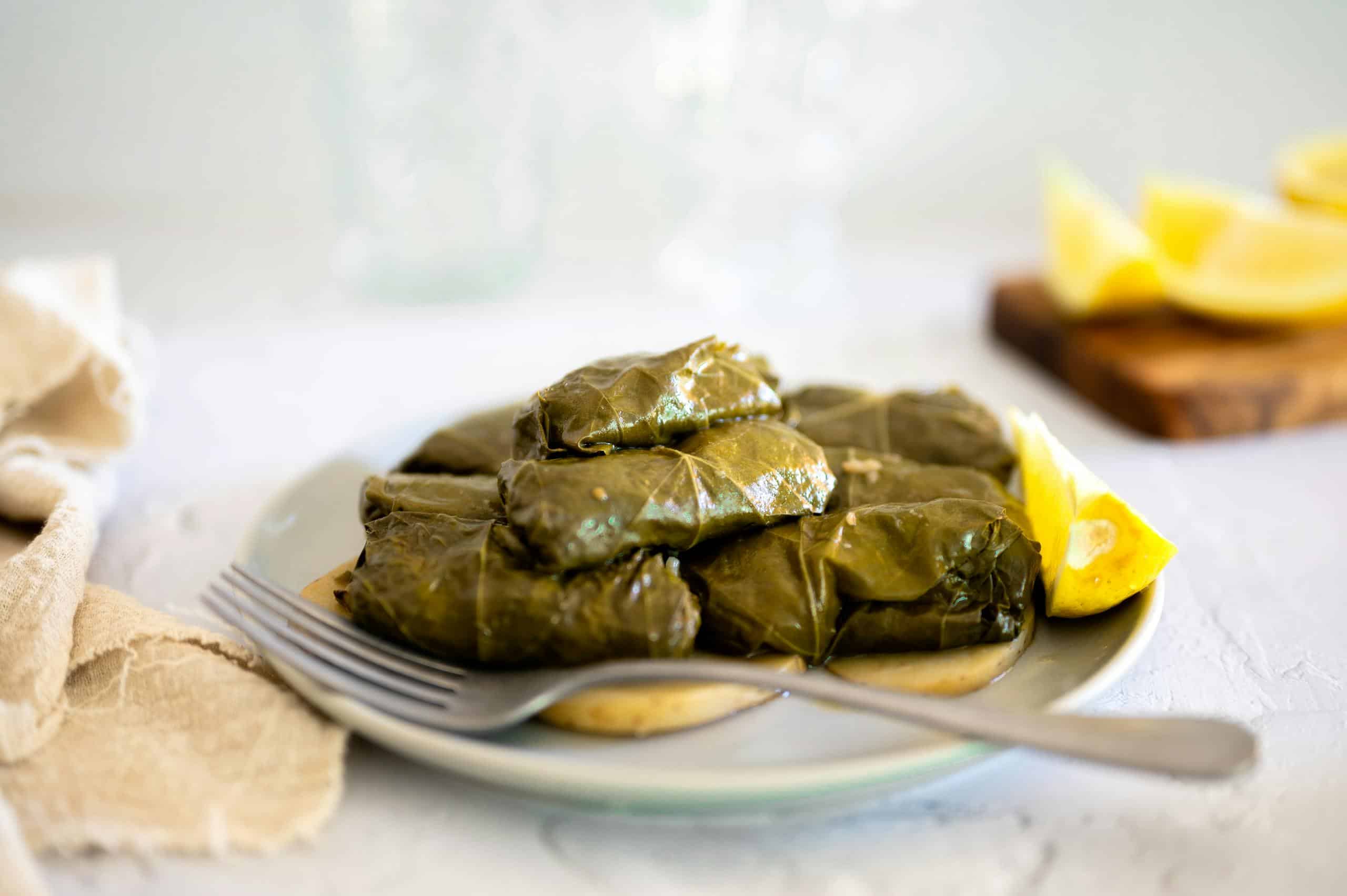 Close-up of traditional Greek dolmades on a plate with lemon wedges and a fork.