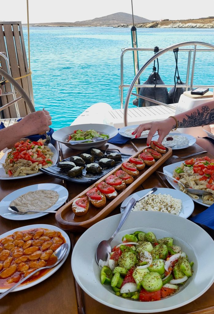 Traditional Greek meal served on a catamaran.