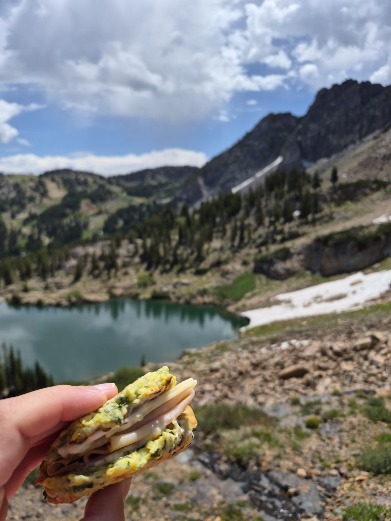 a turkey and swiss sandwich with crispy zucchini fritters as bread lakeside