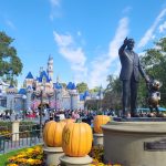 Cinderella's Castle at Disneyland Theme Park at Halloween Time with Walt Disney and Mickey Mouse Statue